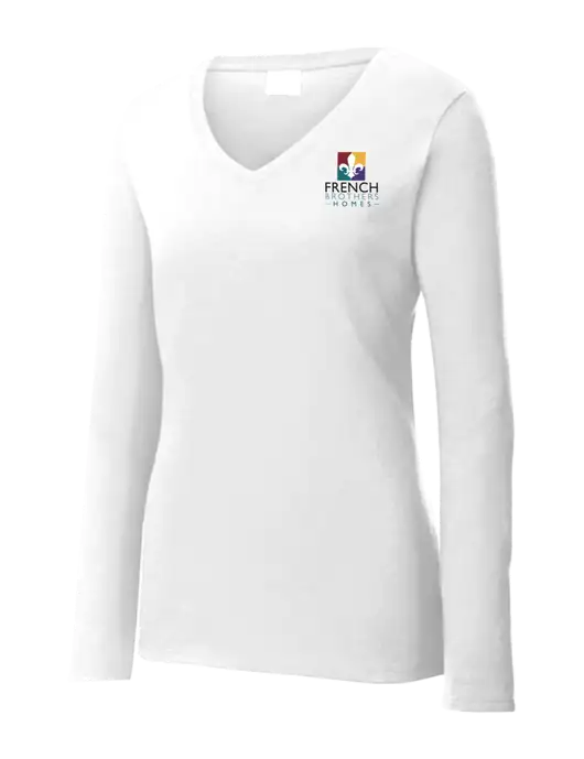Womens  V-Neck Ring Spun White 4.5 oz Long Sleeve T-Shirt w/French Brothers Homes Logo