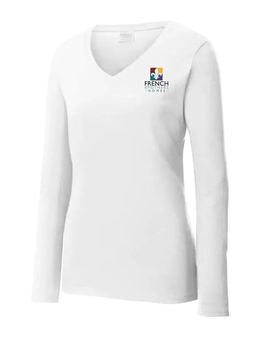 Womens  V-Neck Ring Spun White 4.5 oz Long Sleeve T-Shirt w/French Brothers Homes Logo