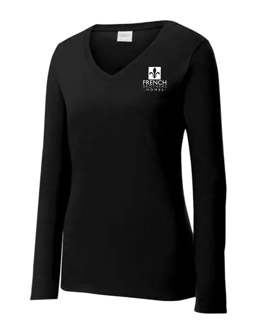 Womens V-Neck Ring Spun Jet Black 4.5 oz Long Sleeve T-Shirt w/French Brothers Homes Logo