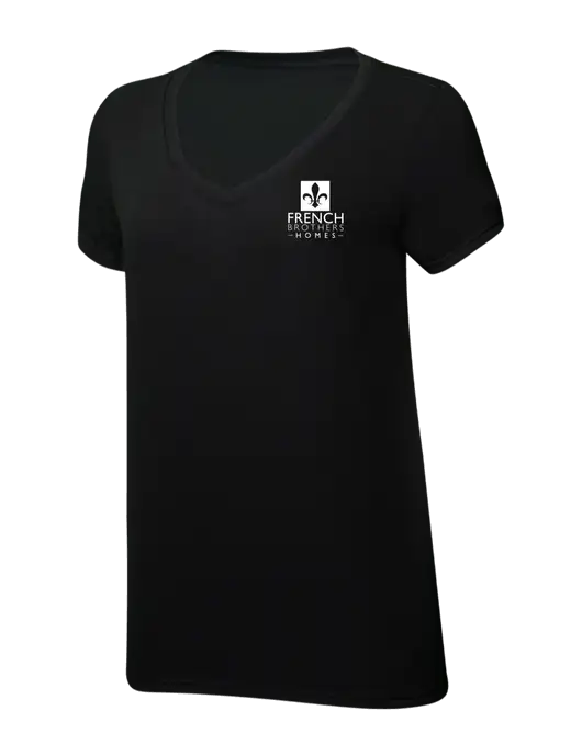 Womens Simply Soft V-Neck Black 4.5oz  Poly/Combed Ring Spun Cotton T-Shirt w/French Brothers Homes Logo