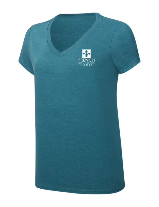 Womens Simply Soft V-Neck Heather Teal 4.5oz  Poly/Combed Ring Spun Cotton T-Shirt w/French Brothers Homes Logo