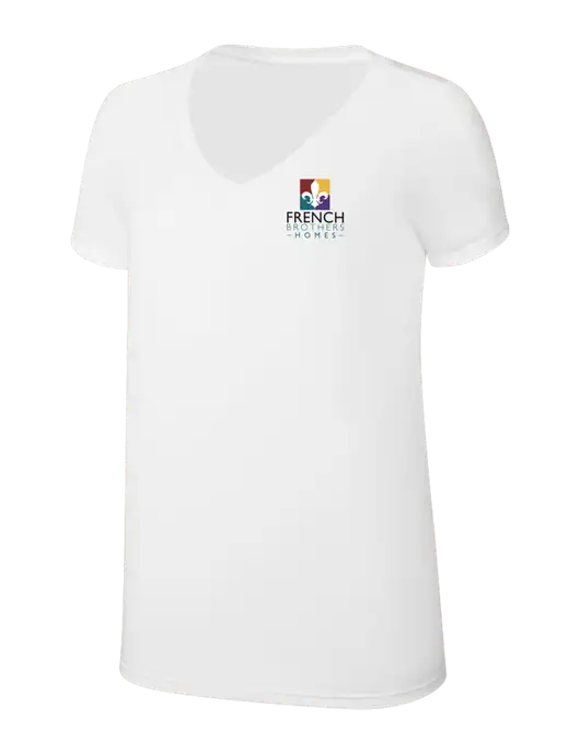 Womens Simply Soft V-Neck White 4.5oz  Poly/Combed Ring Spun Cotton T-Shirt w/French Brothers Homes Logo