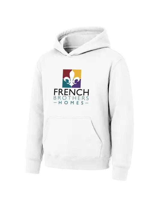 Youth White 7.8 oz Pullover Hooded Sweatshirt w/French Brothers Homes Logo