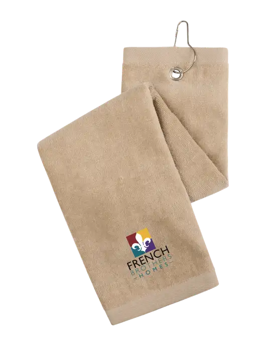 Khaki Tri-Fold Golf Towel with Grommet w/French Brothers Homes Logo