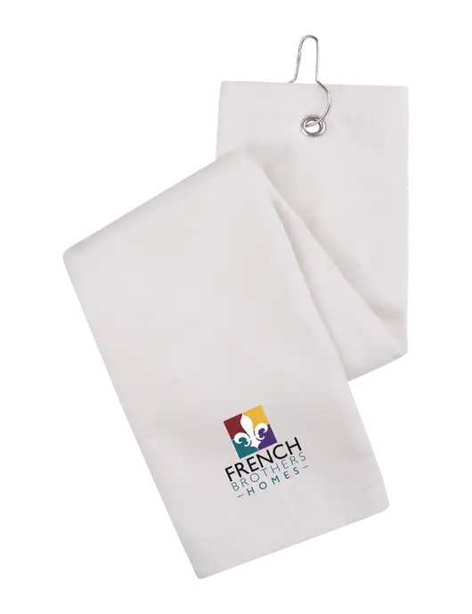 White Tri-Fold Golf Towel with Grommet w/French Brothers Homes Logo
