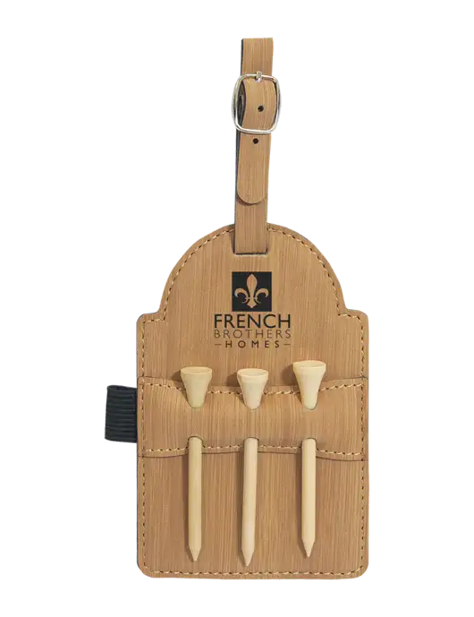 Bamboo Leatherette Golf Bag Tag with 3 Wooden Tees w/French Brothers Homes Logo
