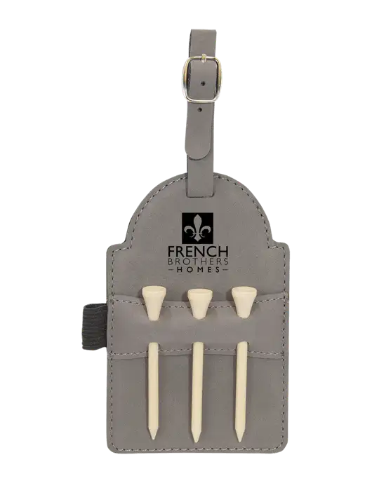 Grey Leatherette Golf Bag Tag with 3 Wooden Tees w/French Brothers Homes Logo