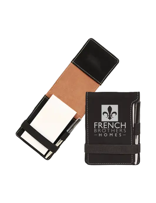 Black Leatherette Mini Notepad with Pen,  3.25 x 4.75 w/French Brothers Homes Logo