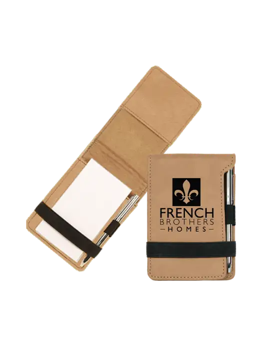 Tan Leatherette Mini Notepad with Pen,  3.25 x 4.75 w/French Brothers Homes Logo