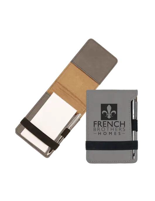 Grey Leatherette Mini Notepad with Pen,  3.25 x 4.75 w/French Brothers Homes Logo