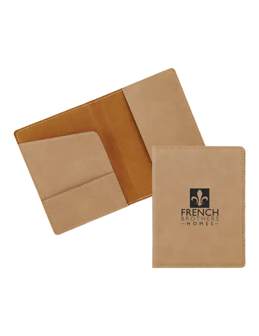 Tan Leatherette Passport Holder w/French Brothers Homes Logo