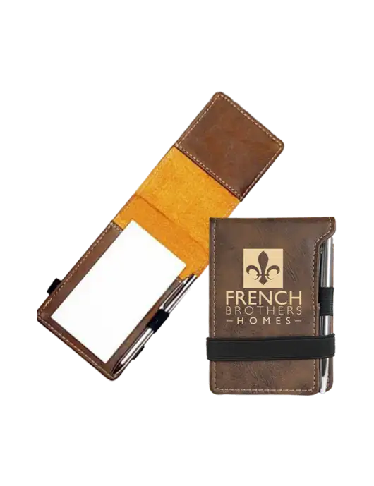 Rustic Leatherette Mini Notepad w/Pen, 3.25 x 4.75 w/French Brothers Homes Logo