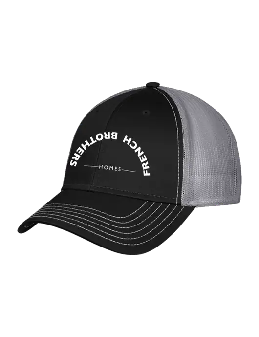 Black/Medium Dark Grey Mesh Trucker Cap Snap Back w/French Brothers Homes Upside Down Arch Logo