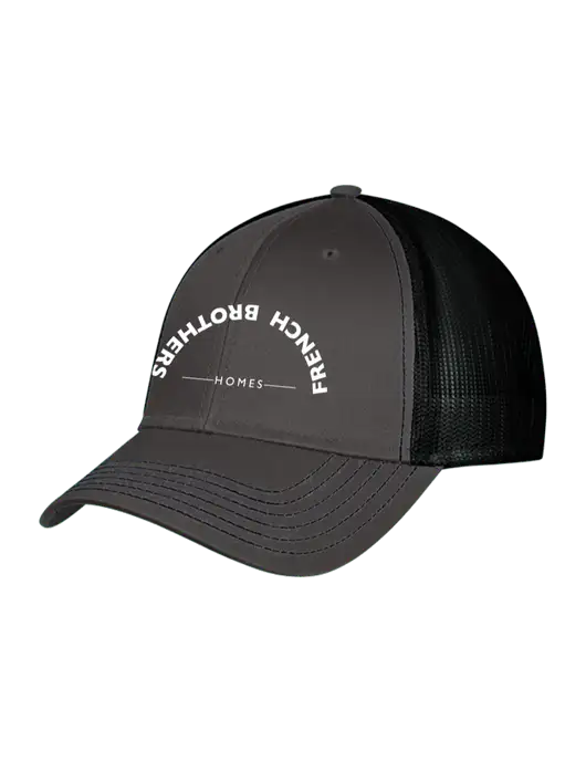 Charcoal & Black Mesh Trucker Cap Snap Back w/French Brothers Homes Upside Down Arch Logo