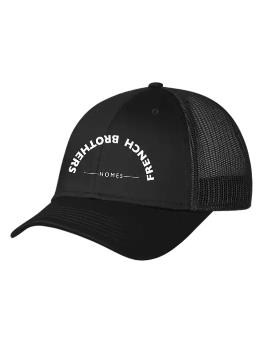 Black Mesh Trucker Cap Snap Back w/French Brothers Homes Upside Down Arch Logo