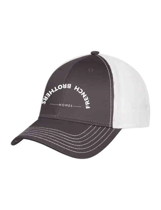 Dark Grey/White Mesh Trucker Cap Snap Back w/French Brothers Homes Upside Down Arch Logo