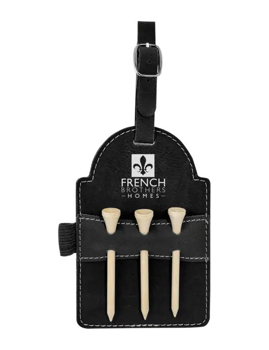 Black Leatherette Golf Bag Tag with 3 Wooden Tees w/French Brothers Homes Logo