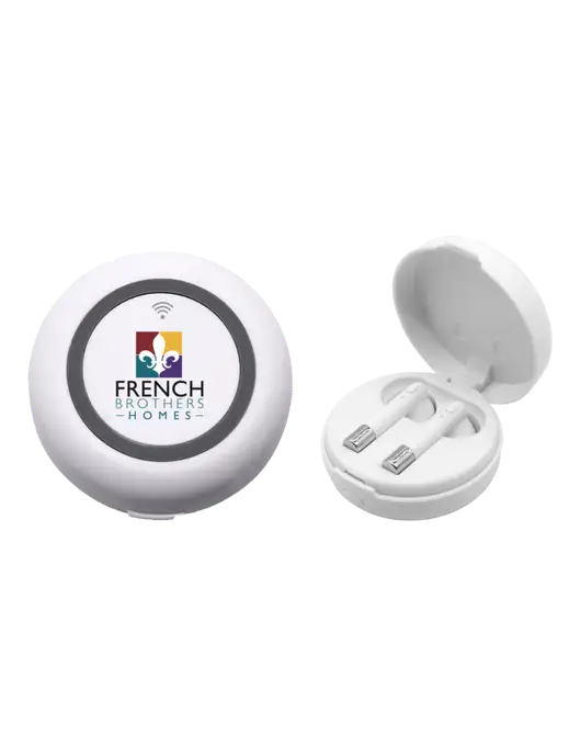 Harmony White Wireless Earbuds and Charging Pad w/French Brothers Homes Logo