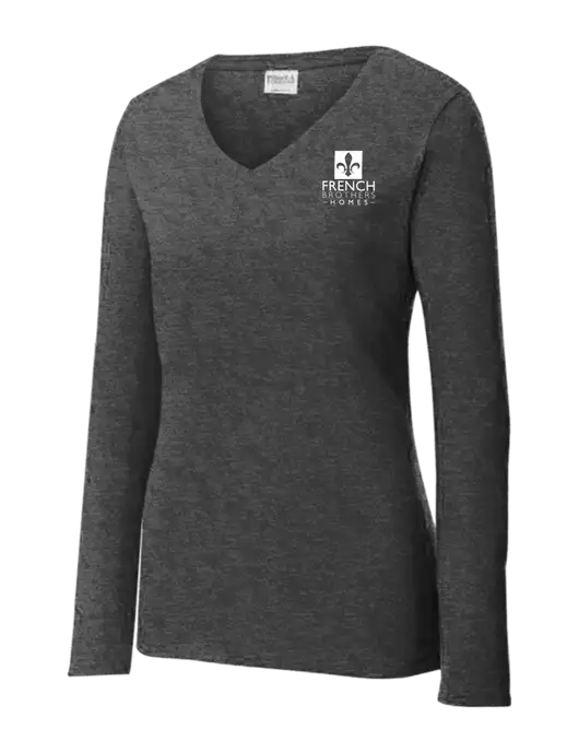Womens  V-Neck Ring Spun Dark Heather Grey 4.5 oz Long Sleeve T-Shirt w/French Brothers Homes Logo