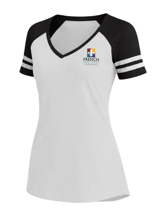 Womens White/Black V-Neck Game Tee w/French Brothers Homes Logo