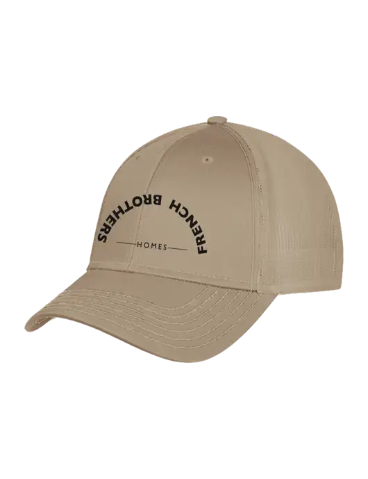 Khaki Mesh Trucker Cap Snap Back w/French Brothers Homes Upside Down Arch Logo