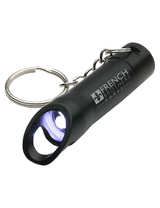 Black Pocket LED Flashlight with Bottle Opener & Keychain w/French Brothers Homes Logo