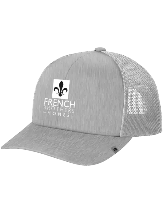 TravisMathew Light Medium Grey Heather Cruz Trucker Cap w/French Brothers Homes Logo